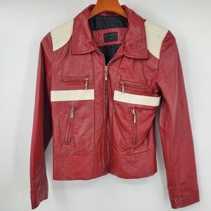 Vintage Y2K Sisley Red Leather Jacket Moto Biker Racing Red White Womens L 2000s